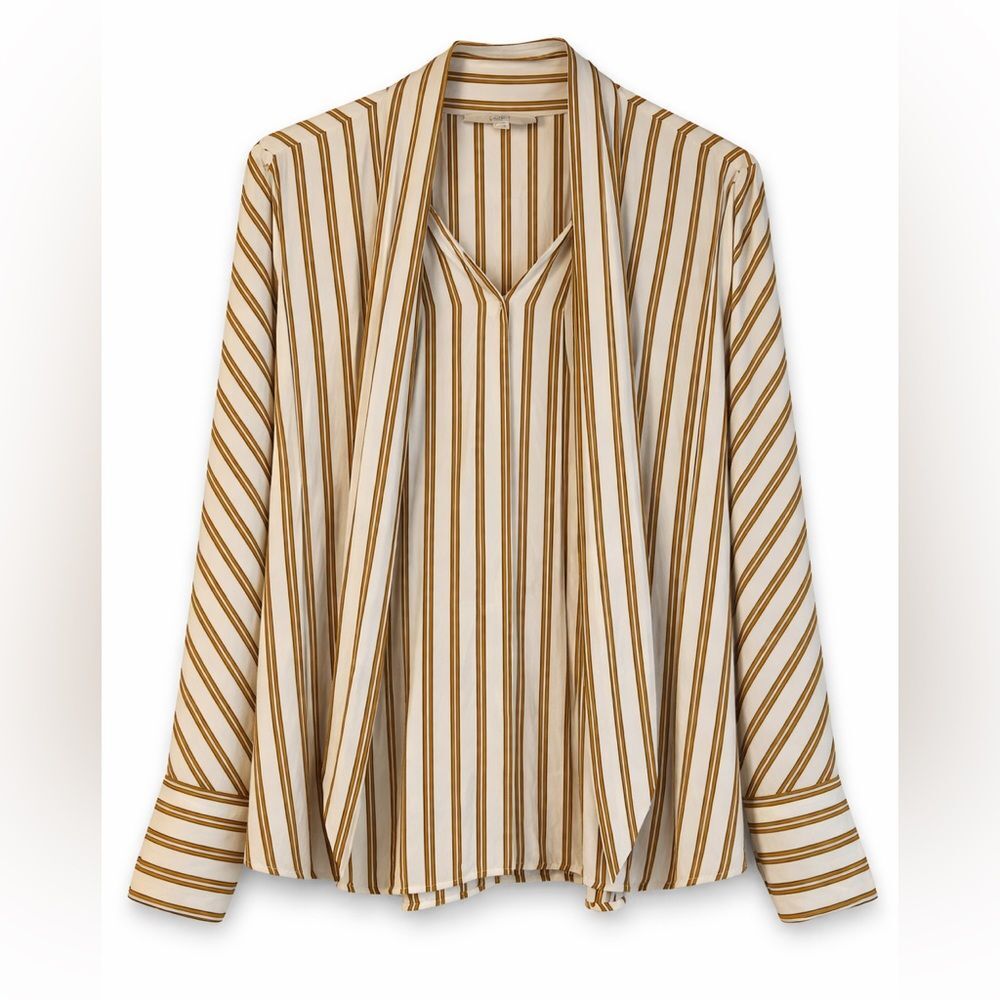 LOFT Striped Blouse Neck Tie White Mustard Long Sleeve Top Women’s Large NWOT - Picture 2 of 6